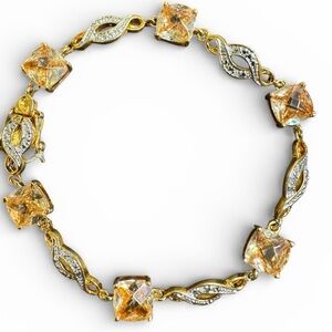 Champagne Crystal Bracelet Cushion Cut Diamond Accents Two Tone New 7.25”